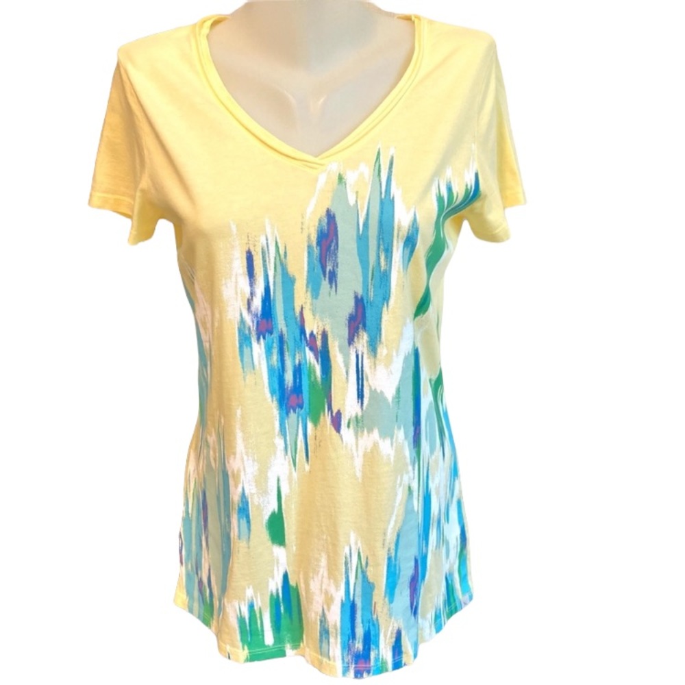 Eddie Bauer V-Neck Abstract Yellow Tee T-shirt yellow blue green watercolor S